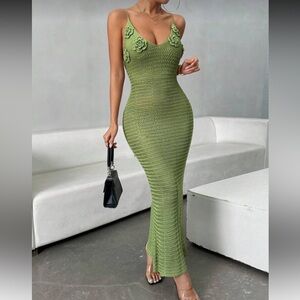 Floral Backless Green Knit Maxi Dress